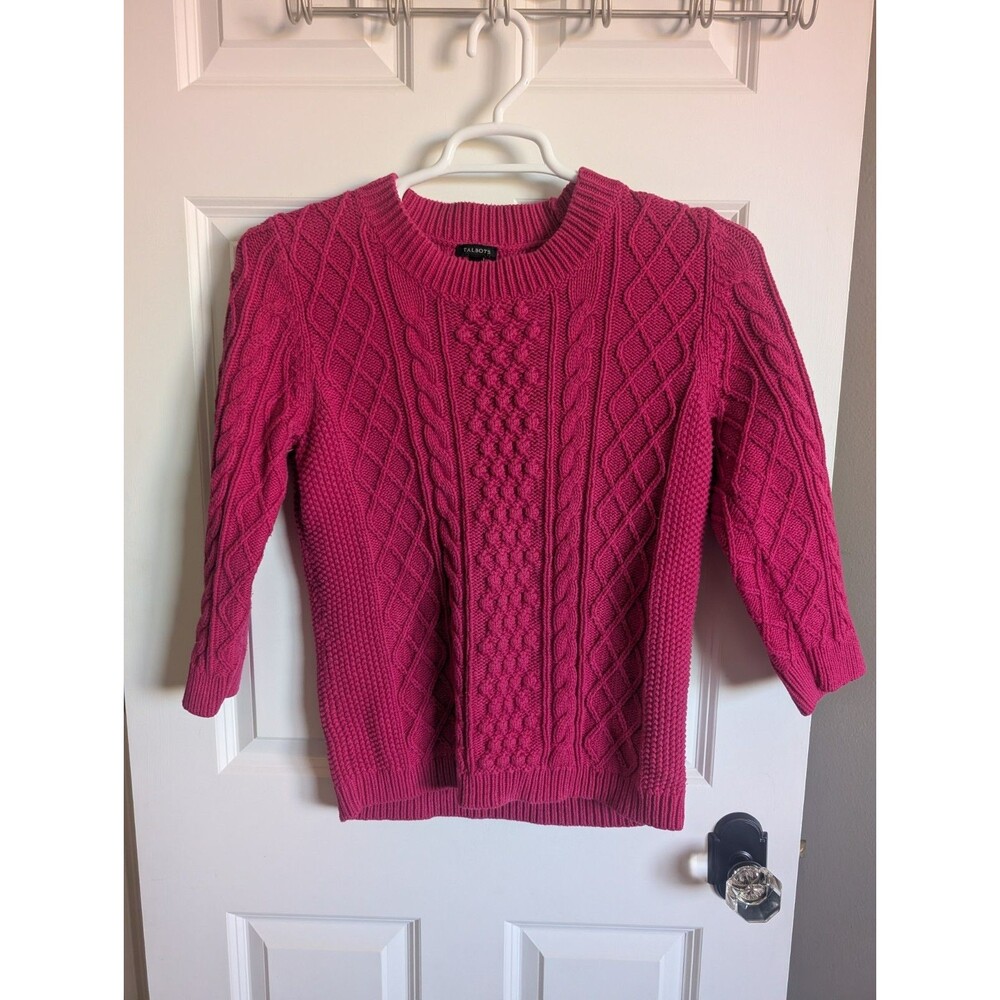 EUC TALBOTS Size L Bright Fuchsia Pink Cotton Wool Cable Knit Fisherman Sweater